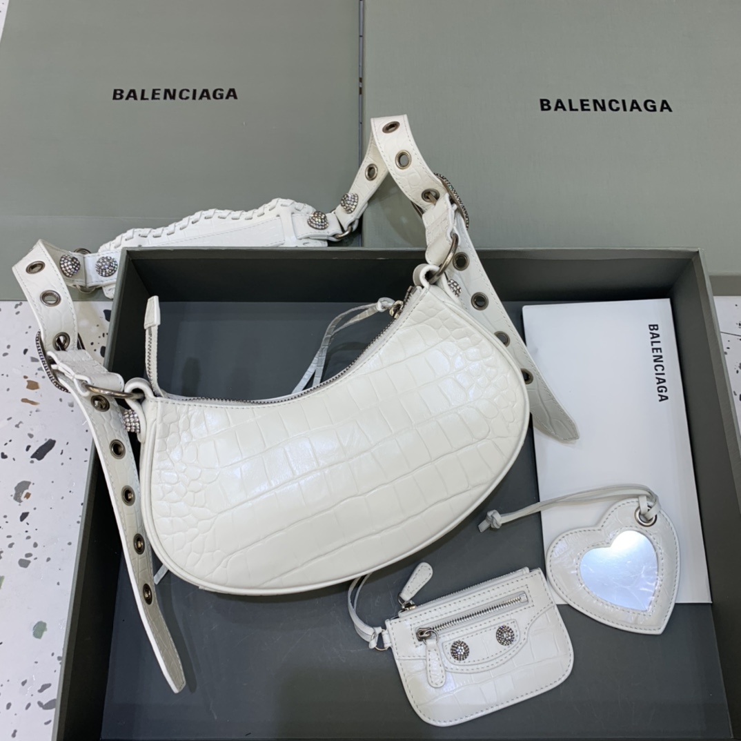 Balenciaga Le Cagole XS Shoulder Bag Crocodile Embossed Rhinestones White 